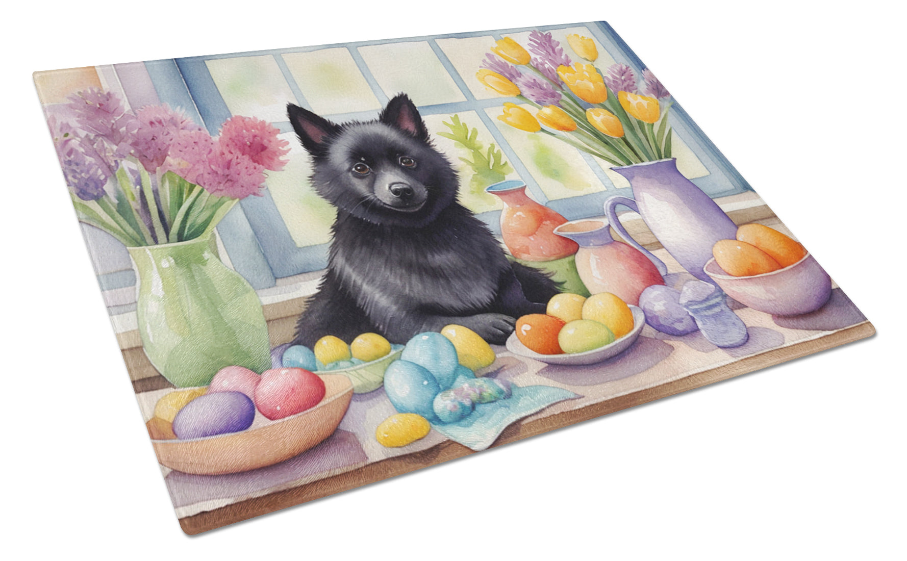 Decorating Easter Schipperke Cutting Board Tempered Glass Kitchen Cutting Surface, Heat Resistant Chopping, Non-Slip Feet, Food Prep & Serving