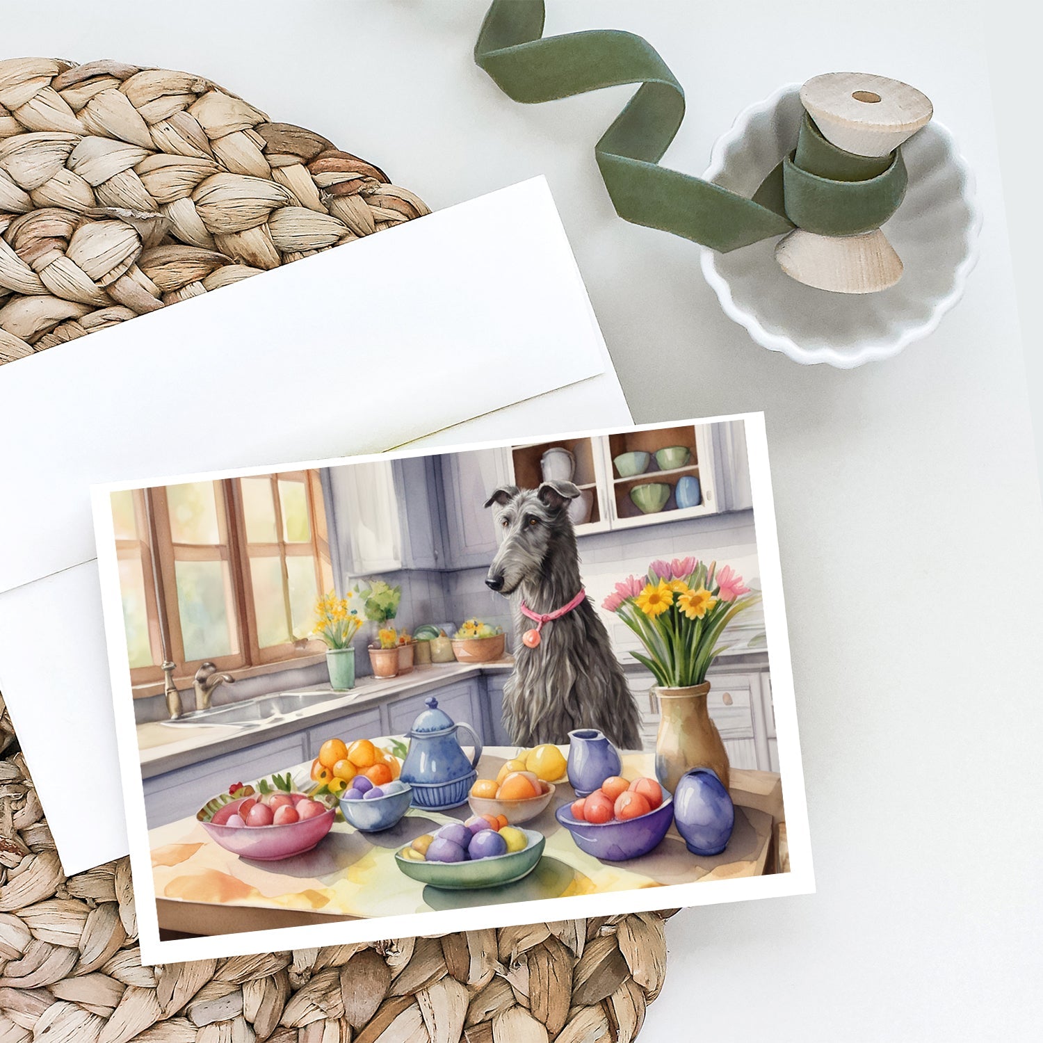Decorating Easter Scottish Deerhound Greeting Cards Pack of 8 Blank Cards with Envelopes Whimsical A7 Size 5x7