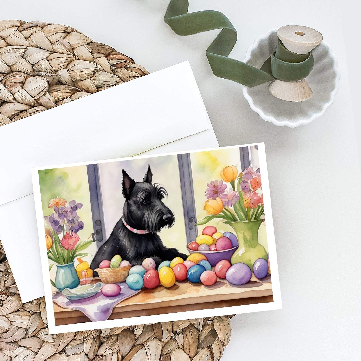 Decorating Easter Scottish Terrier Greeting Cards Pack of 8 Blank Cards with Envelopes Whimsical A7 Size 5x7