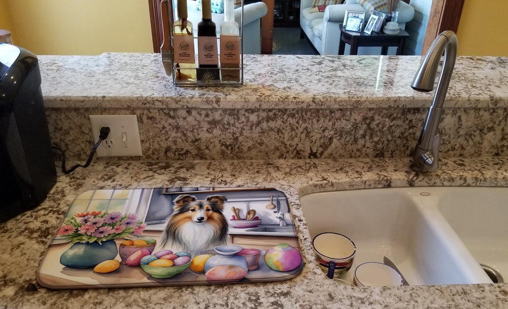 Decorating Easter Sheltie Dish Drying Mat Absorbent Dish Drying Mat Pad for Kitchen Counter Dish Drainer Mat for Countertop, 14 x 21", Multicolor