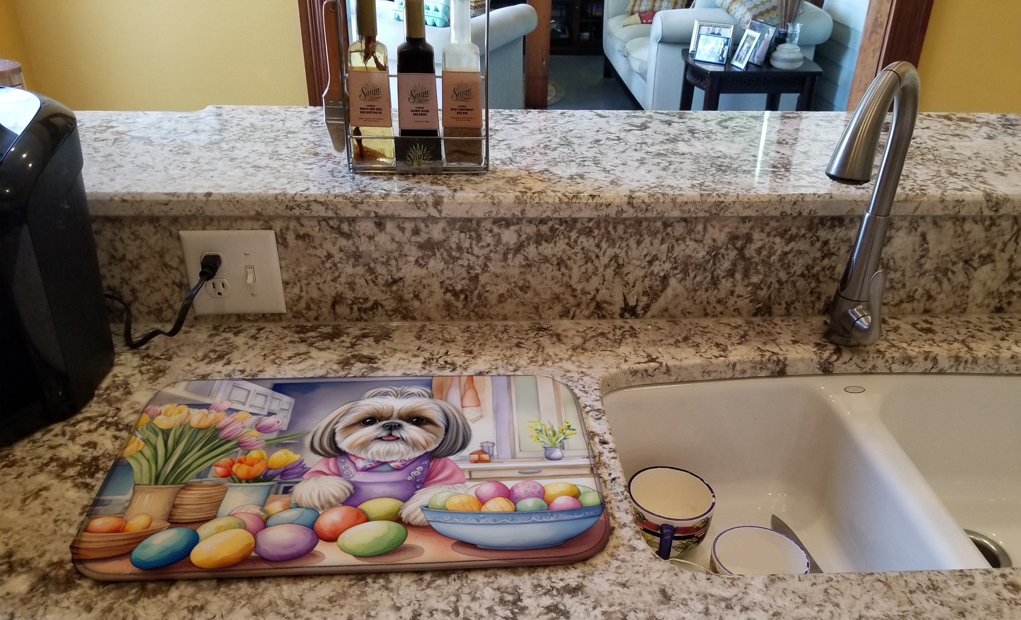 Decorating Easter Shih Tzu Dish Drying Mat Absorbent Dish Drying Mat Pad for Kitchen Counter Dish Drainer Mat for Countertop, 14 x 21", Multicolor