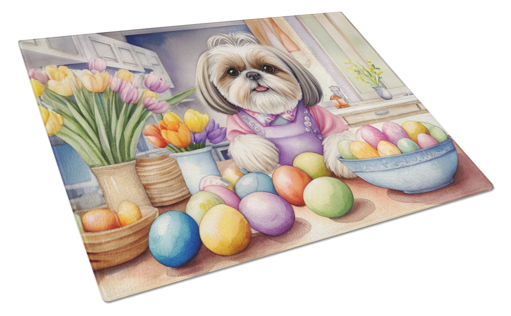 Decorating Easter Shih Tzu Cutting Board Tempered Glass Kitchen Cutting Surface, Heat Resistant Chopping, Non-Slip Feet, Food Prep & Serving