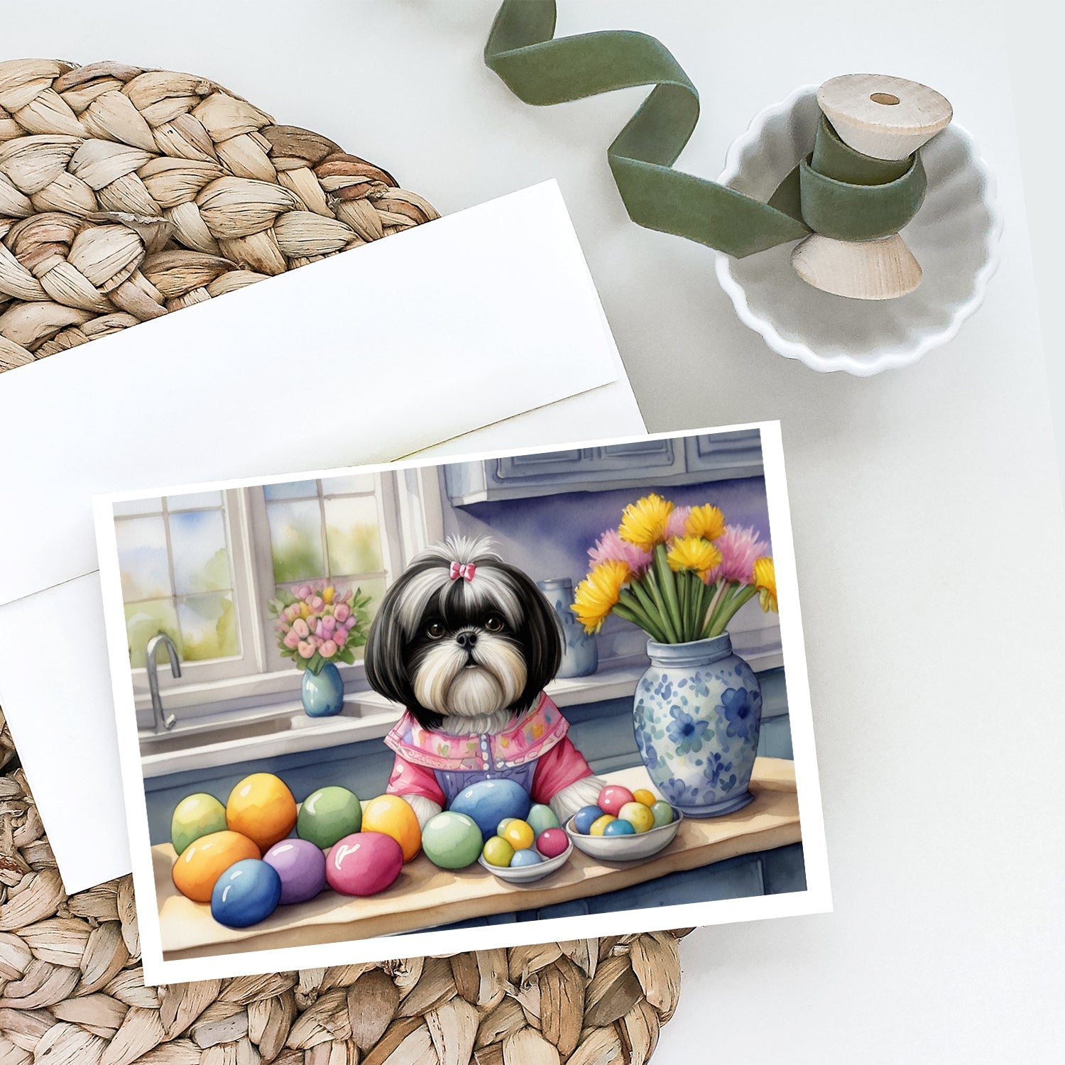 Decorating Easter Shih Tzu Greeting Cards Pack of 8 Blank Cards with Envelopes Whimsical A7 Size 5x7