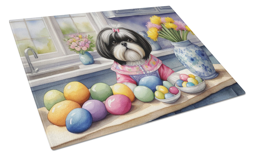 Decorating Easter Shih Tzu Cutting Board Tempered Glass Kitchen Cutting Surface, Heat Resistant Chopping, Non-Slip Feet, Food Prep & Serving