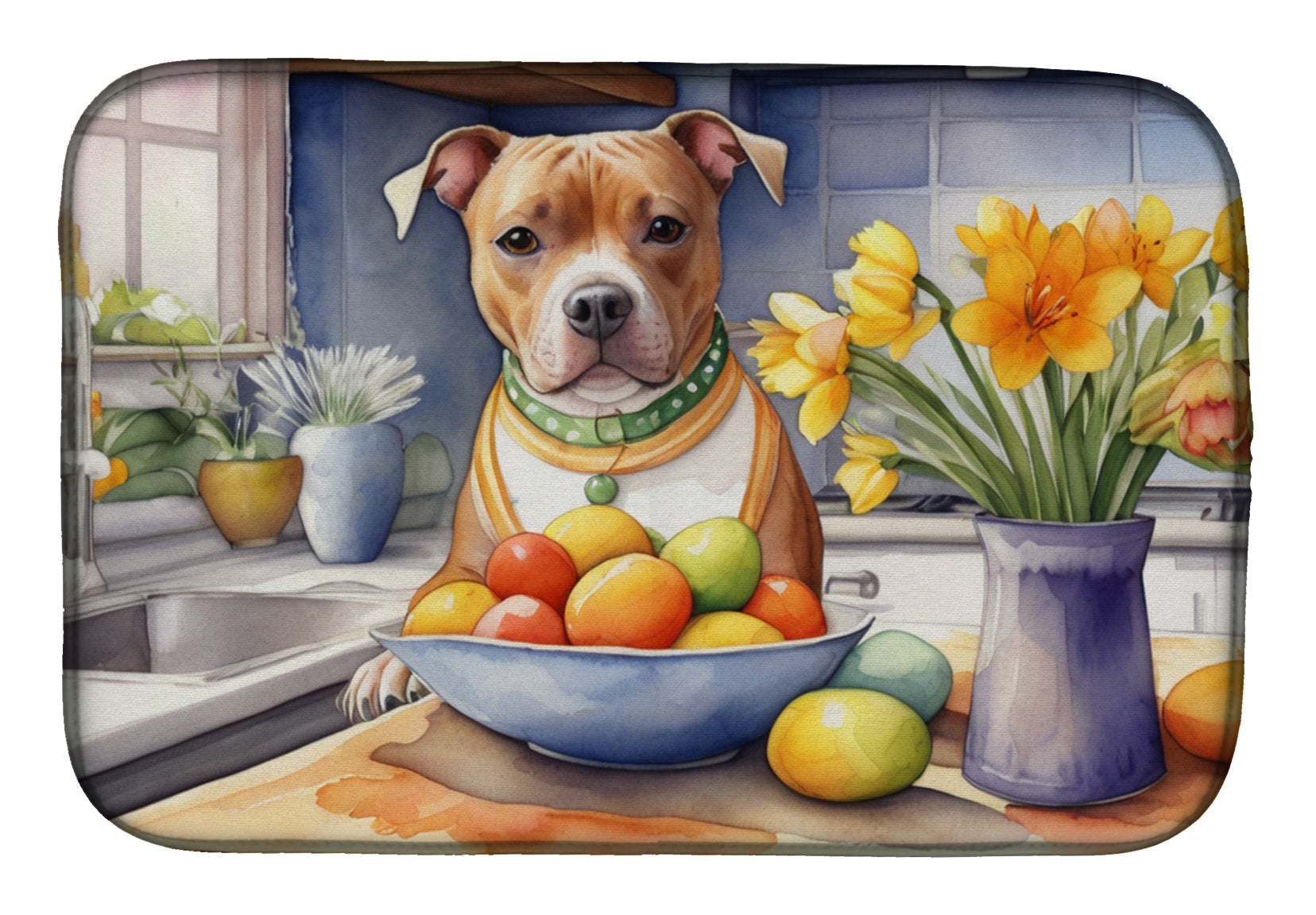 Decorating Easter Staffordshire Bull Terrier Dish Drying Mat Absorbent Dish Drying Mat Pad for Kitchen Counter Dish Drainer Mat for Countertop, 14 x 21", Multicolor