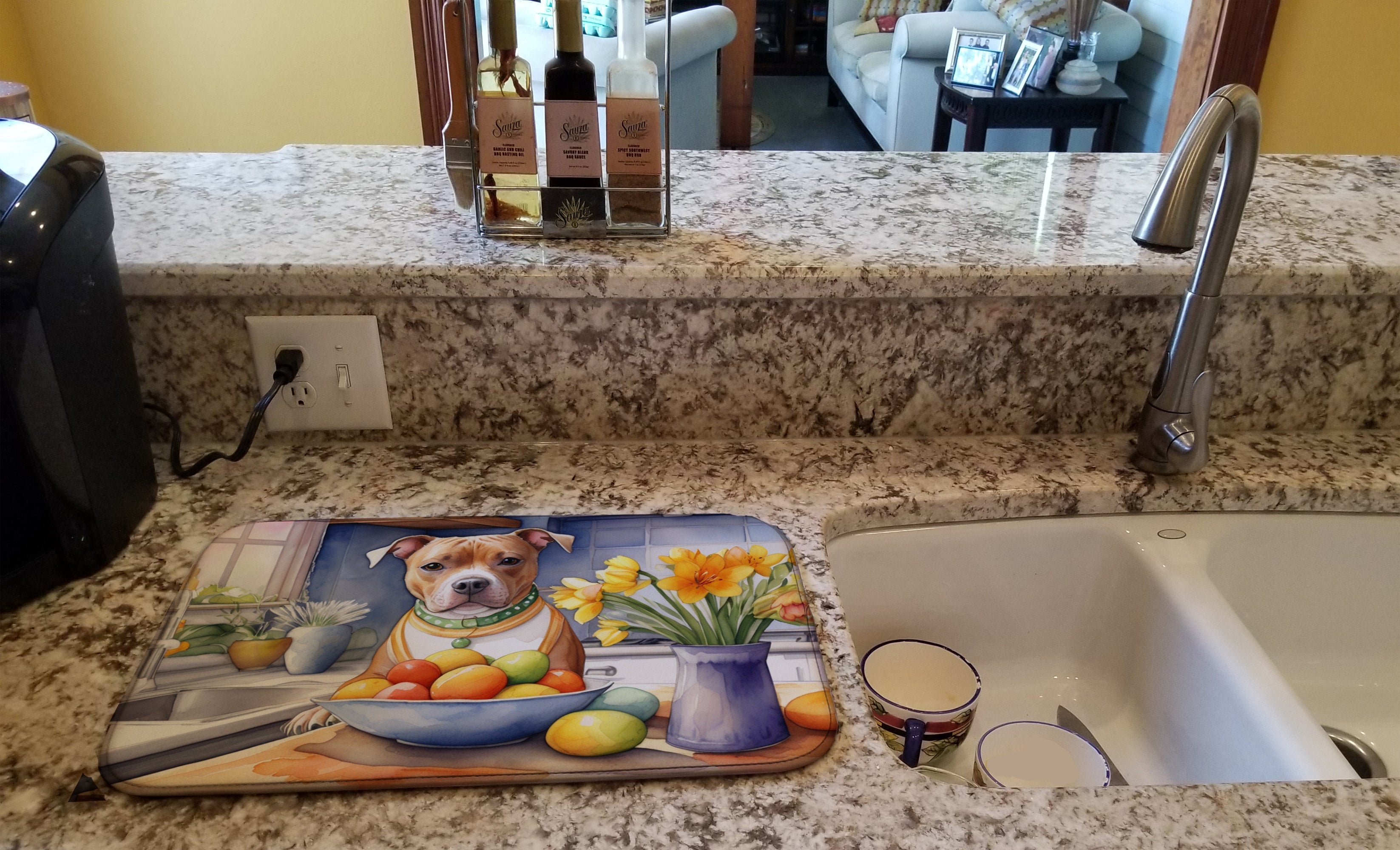Decorating Easter Staffordshire Bull Terrier Dish Drying Mat Absorbent Dish Drying Mat Pad for Kitchen Counter Dish Drainer Mat for Countertop, 14 x 21", Multicolor