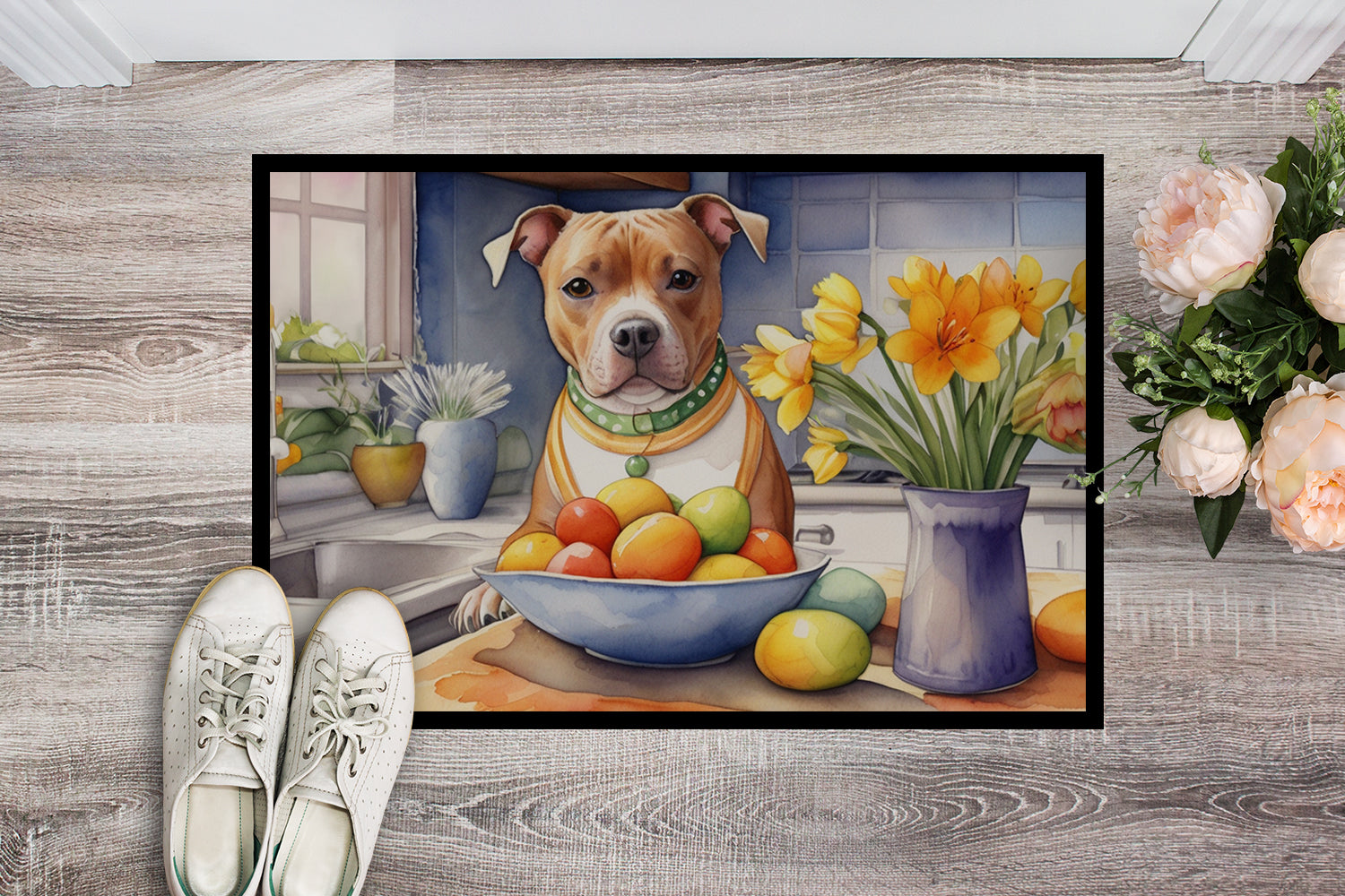 Decorating Easter Staffordshire Bull Terrier Doormat Indoor Outdoor 24H X 36W Front Door Mat Rugs for Entryway, Non Slip Washable Low Pile,