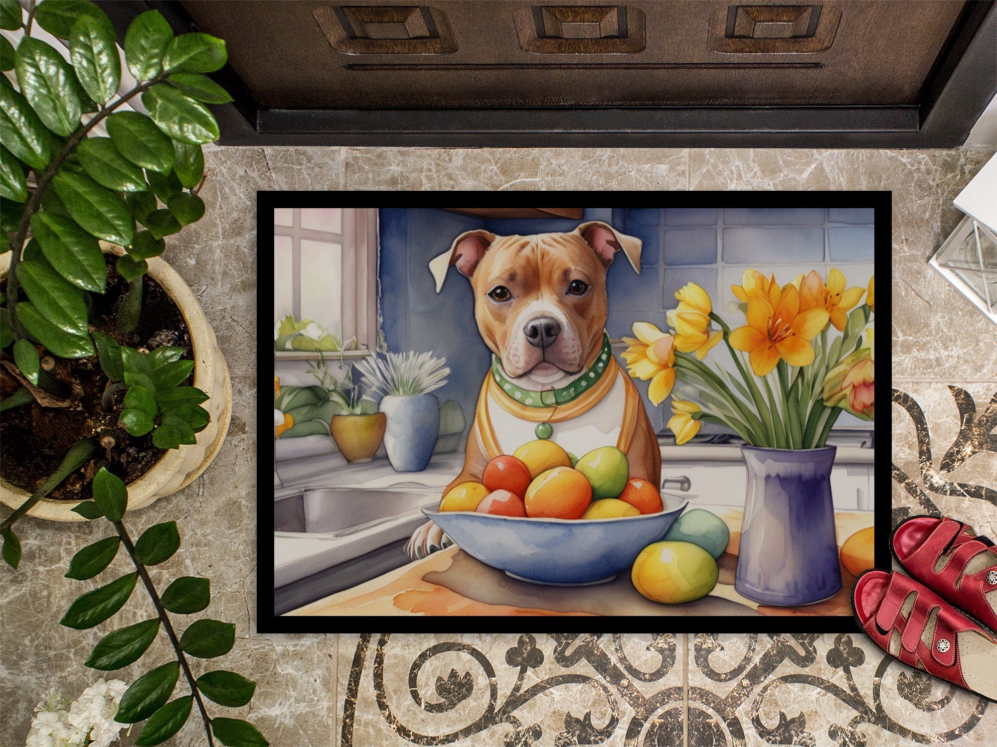 Decorating Easter Staffordshire Bull Terrier Doormat Indoor Outdoor 18H X 27W Front Door Mat Rugs for Entryway, Non Slip Washable