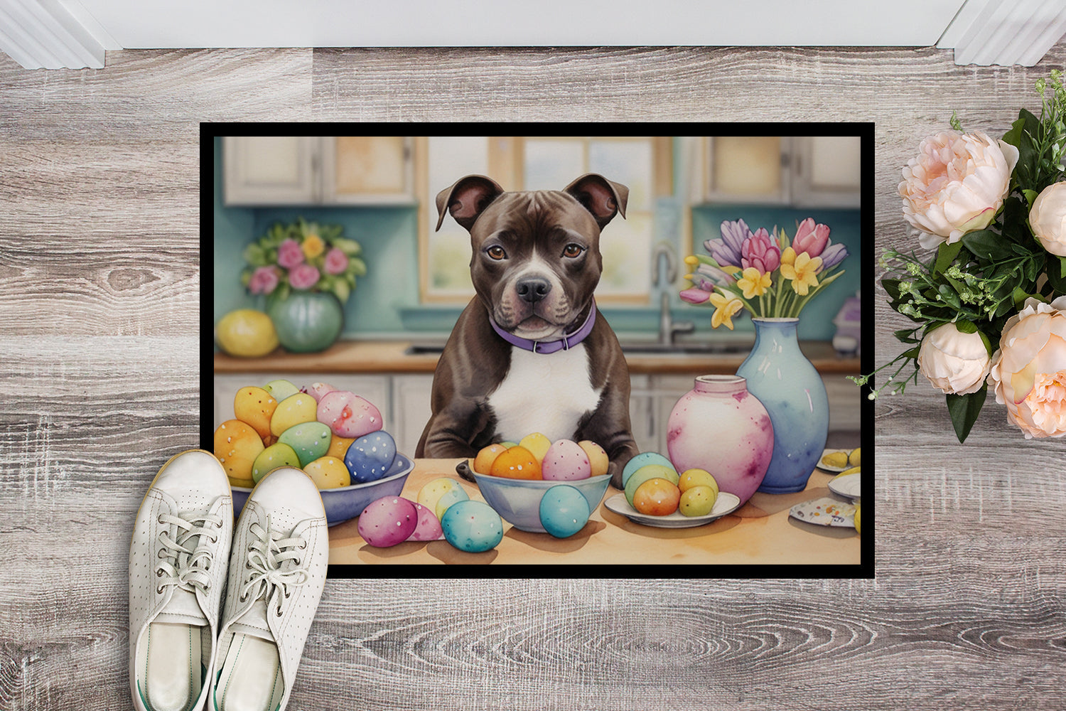 Decorating Easter Staffordshire Bull Terrier Doormat Indoor Outdoor 18H X 27W Front Door Mat Rugs for Entryway, Non Slip Washable