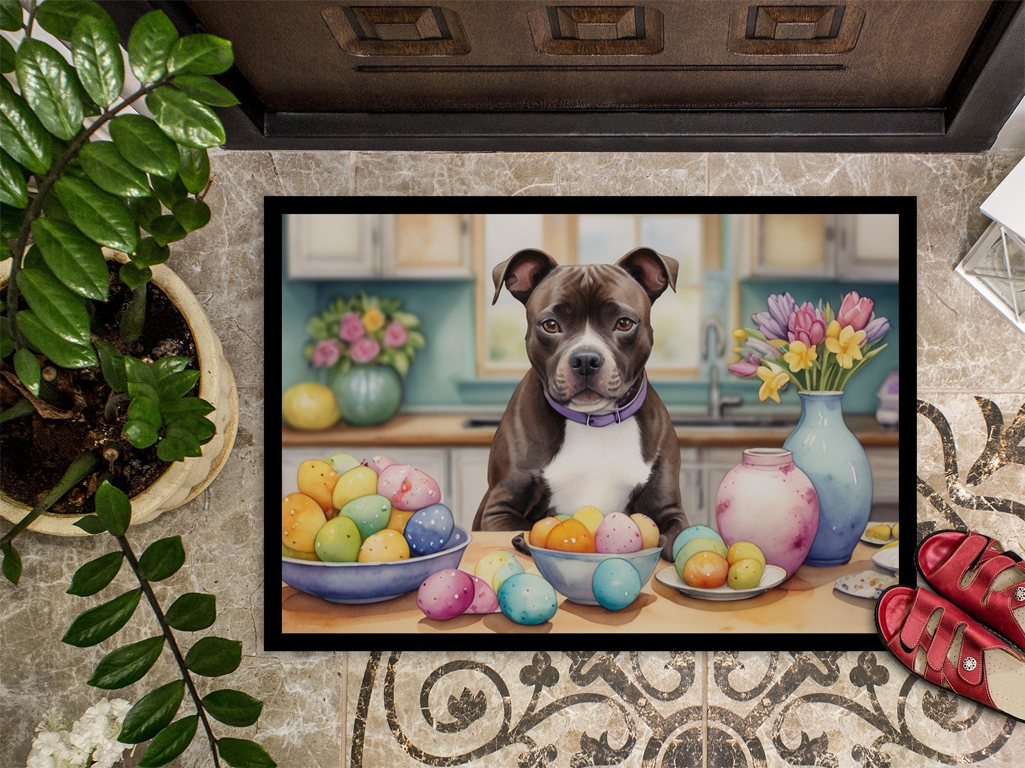 Decorating Easter Staffordshire Bull Terrier Doormat Indoor Outdoor 18H X 27W Front Door Mat Rugs for Entryway, Non Slip Washable