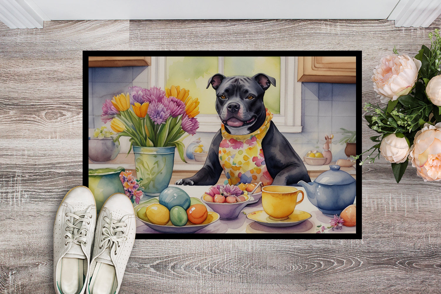 Decorating Easter Staffordshire Bull Terrier Doormat Indoor Outdoor 18H X 27W Front Door Mat Rugs for Entryway, Non Slip Washable