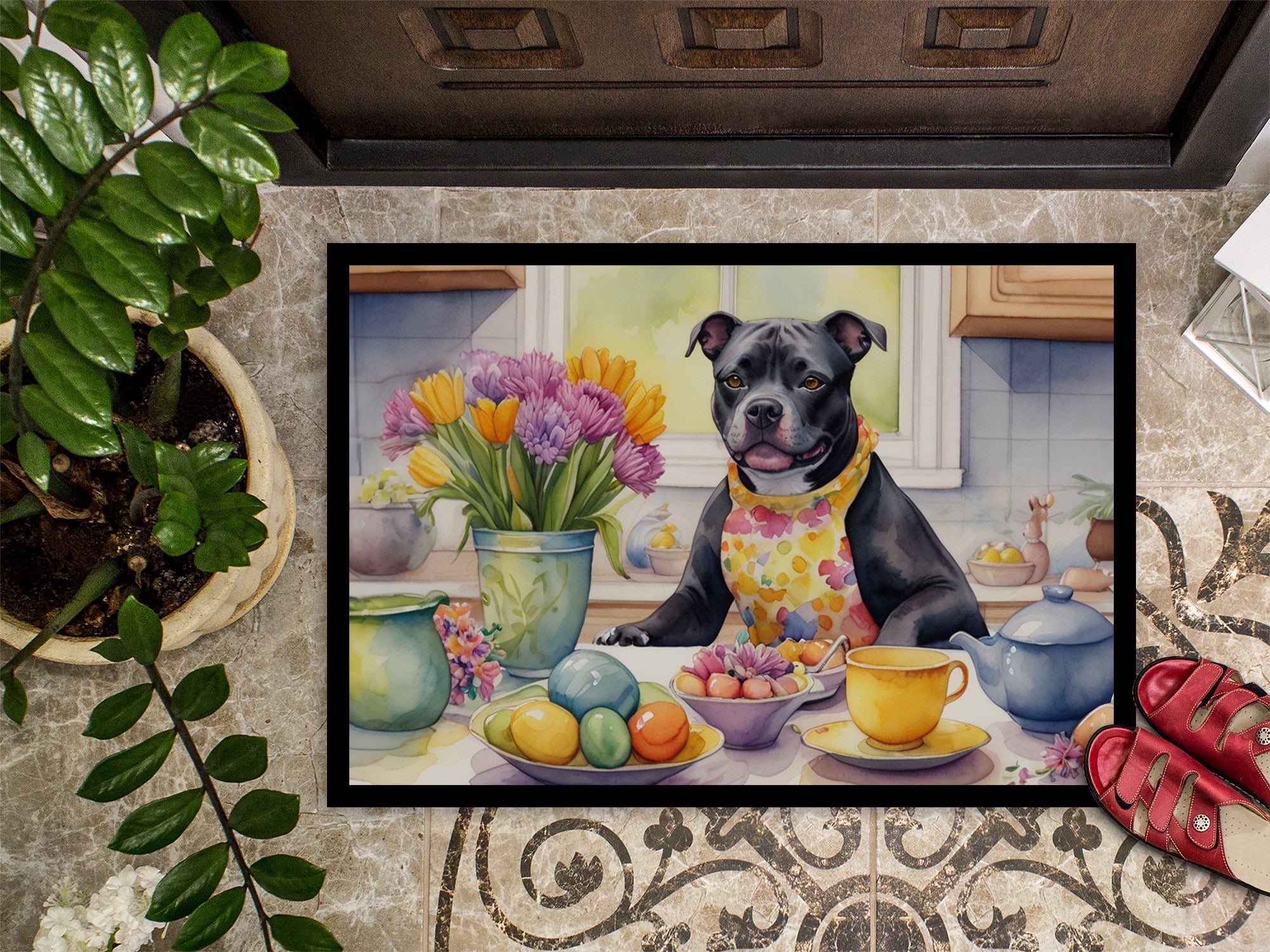 Decorating Easter Staffordshire Bull Terrier Doormat Indoor Outdoor 18H X 27W Front Door Mat Rugs for Entryway, Non Slip Washable
