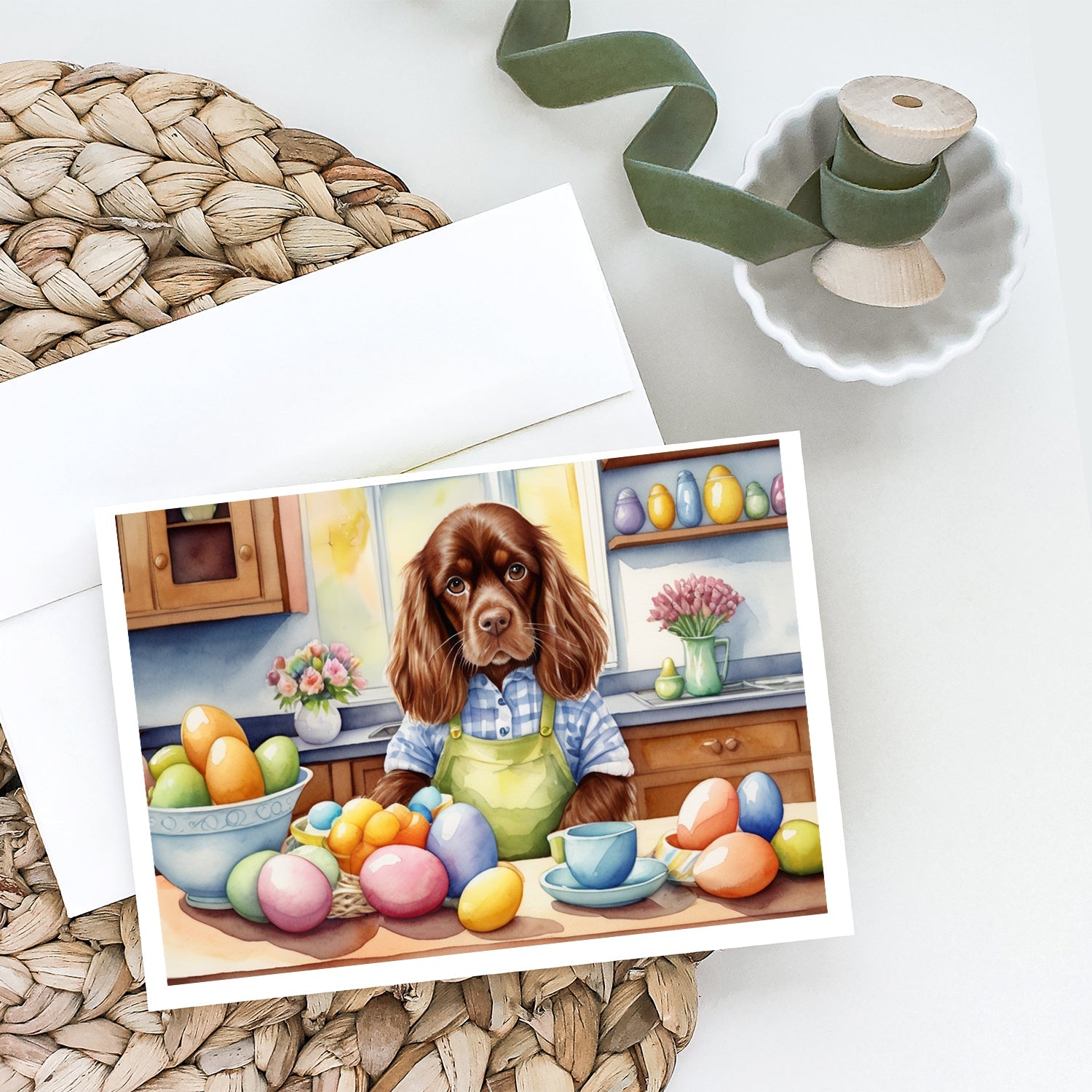 Decorating Easter Sussex Spaniel Greeting Cards Pack of 8 Blank Cards with Envelopes Whimsical A7 Size 5x7