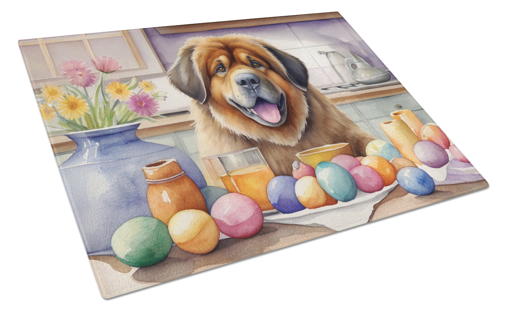 Decorating Easter Tibetan Mastiff Cutting Board Tempered Glass Kitchen Cutting Surface, Heat Resistant Chopping, Non-Slip Feet, Food Prep & Serving