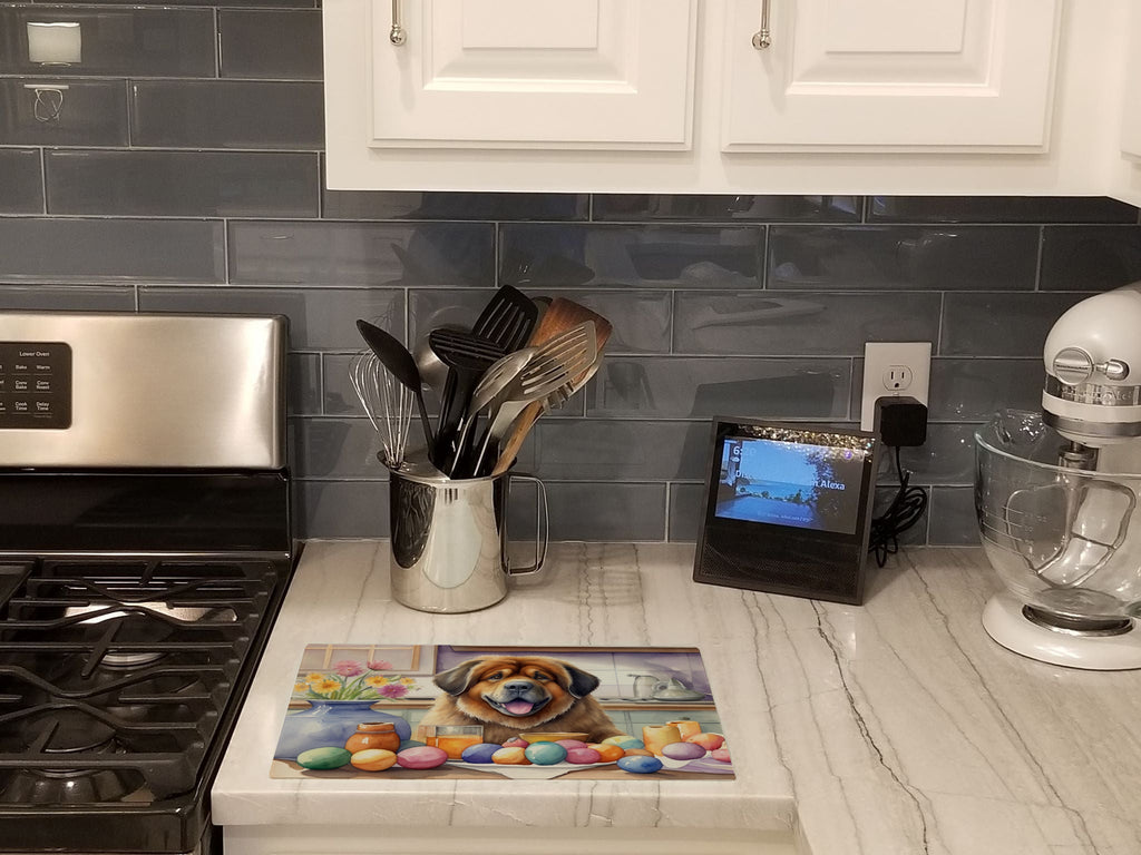 Decorating Easter Tibetan Mastiff Cutting Board Tempered Glass Kitchen Cutting Surface, Heat Resistant Chopping, Non-Slip Feet, Food Prep & Serving