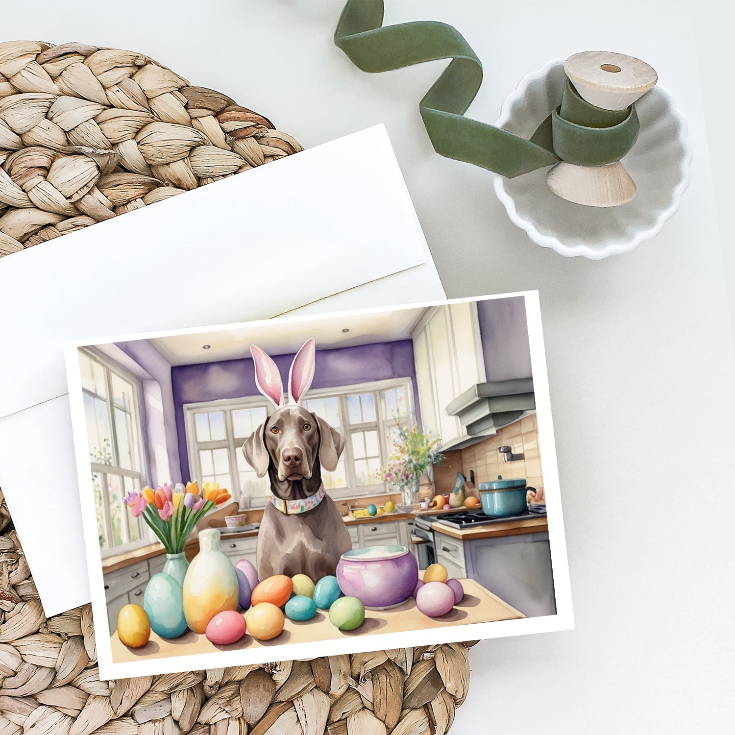 Decorating Easter Weimaraner Greeting Cards Pack of 8 Blank Cards with Envelopes Whimsical A7 Size 5x7