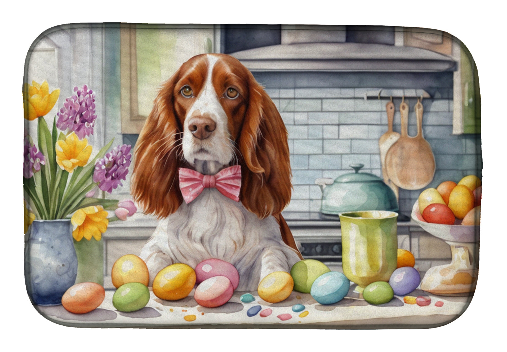 Decorating Easter Welsh Springer Spaniel Dish Drying Mat Absorbent Dish Drying Mat Pad for Kitchen Counter Dish Drainer Mat for Countertop, 14 x 21", Multicolor