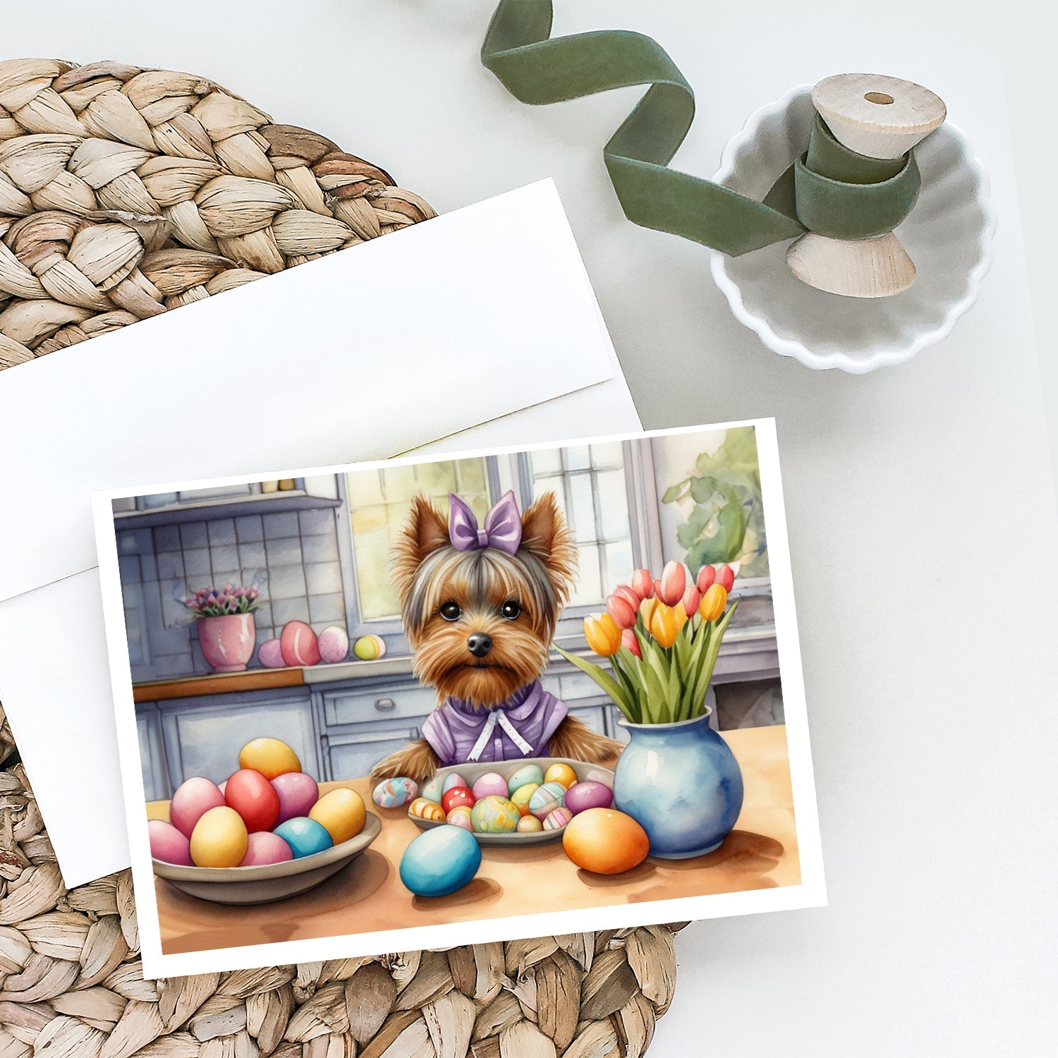 Decorating Easter Yorkshire Terrier Greeting Cards Pack of 8 Blank Cards with Envelopes Whimsical A7 Size 5x7