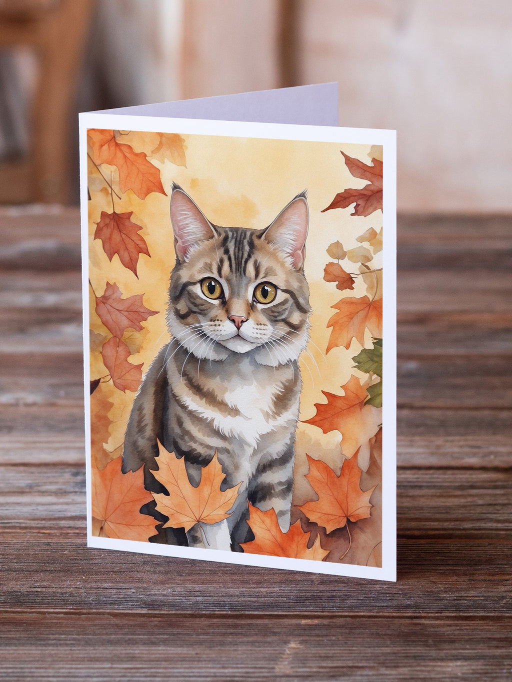 American Bobtail Cat in Fall Leaves Greeting Cards Pack of 8 Blank Cards with Envelopes Whimsical A7 Size 5x7