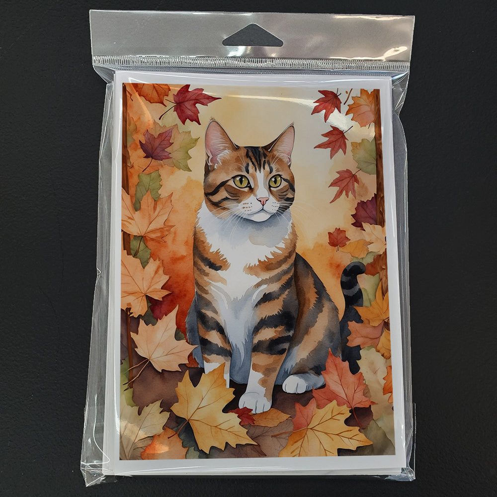 American Polydactyl Cat in Fall Leaves Greeting Cards Pack of 8 Blank Cards with Envelopes Whimsical A7 Size 5x7