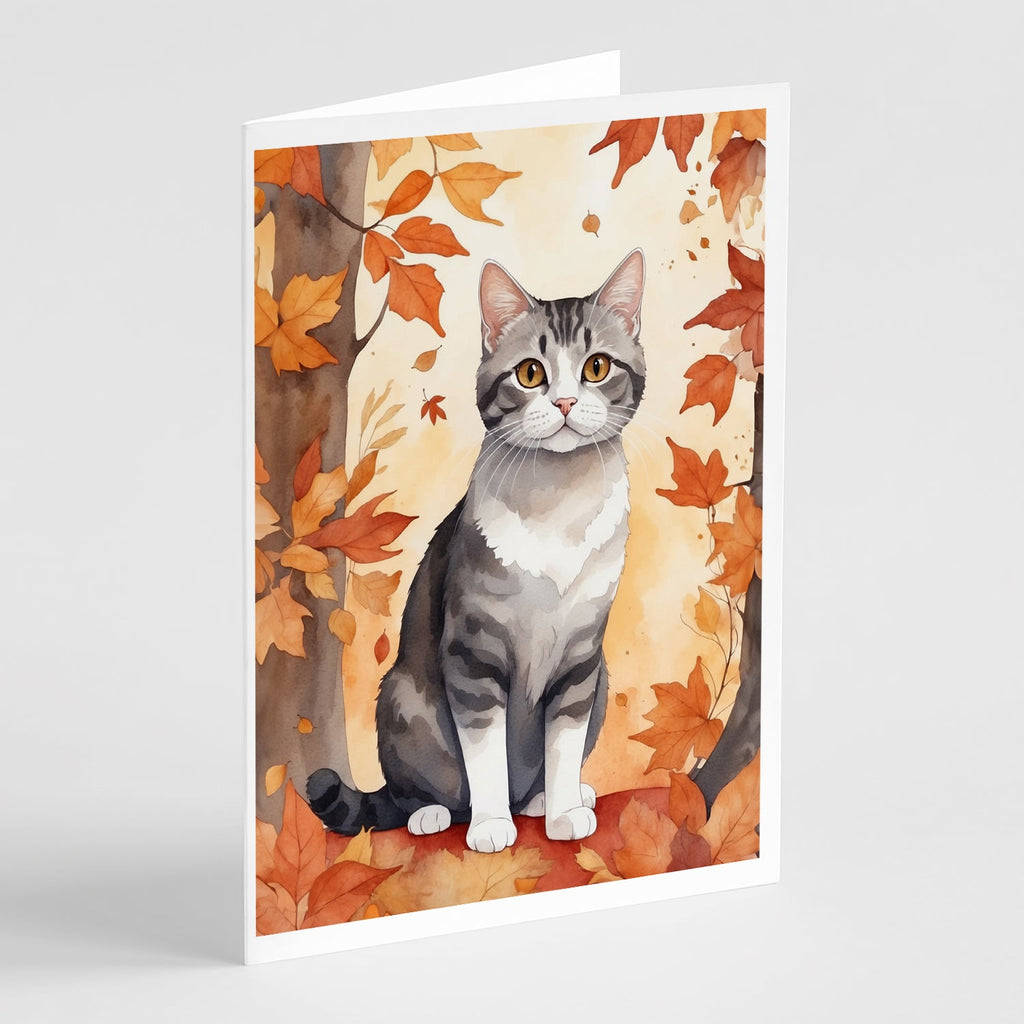 American Wirehair Cat in Fall Leaves Greeting Cards Pack of 8 Blank Cards with Envelopes Whimsical A7 Size 5x7