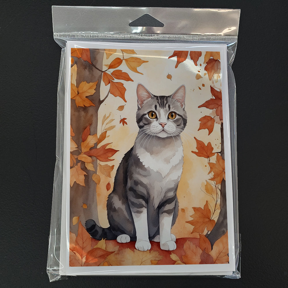American Wirehair Cat in Fall Leaves Greeting Cards Pack of 8 Blank Cards with Envelopes Whimsical A7 Size 5x7