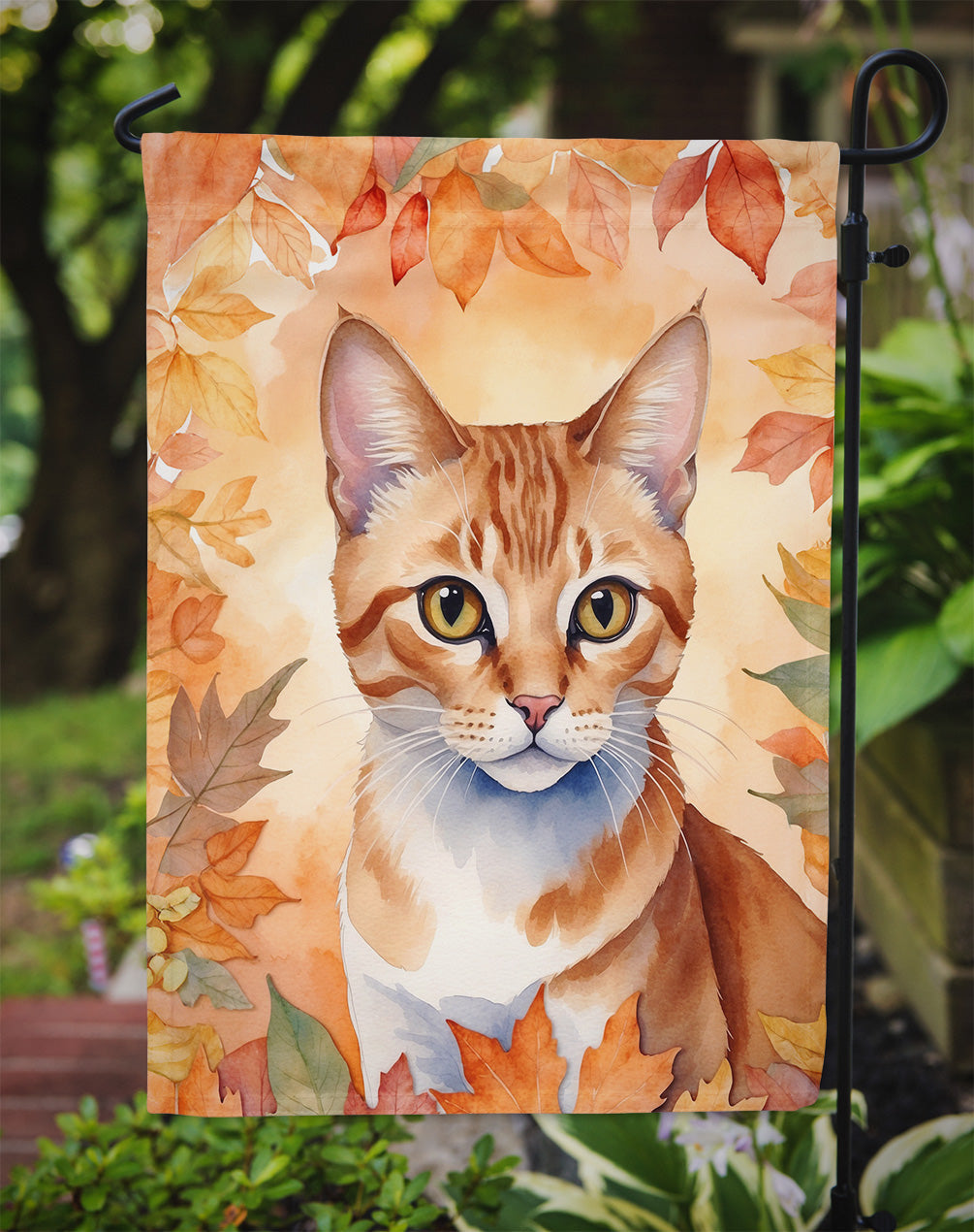 Arabian Mau Cat in Fall Leaves Garden Flag Mailbox Decorative Yard Banner Outside Patio Artwork for Flower Beds, Garden Size, Multicolor