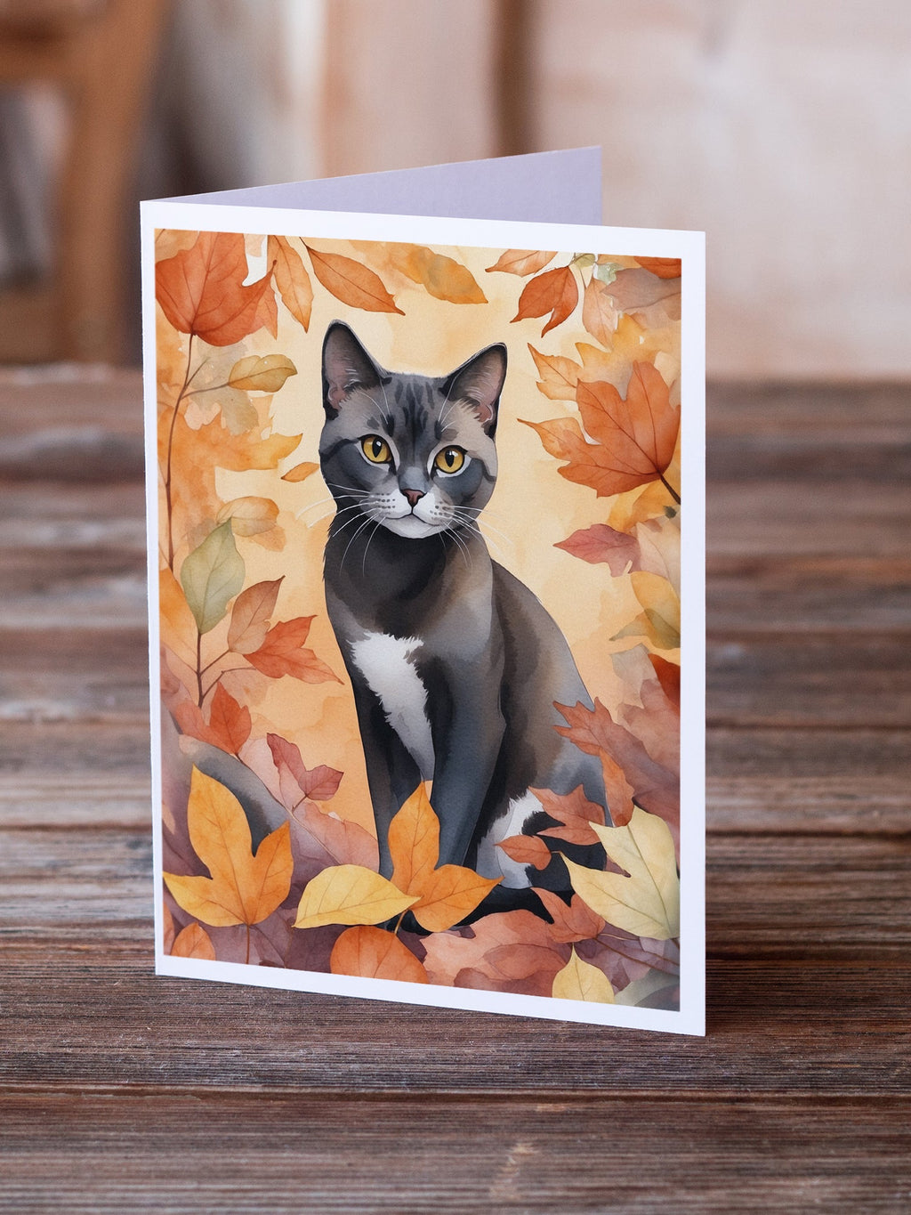 Asian Cat in Fall Leaves Greeting Cards Pack of 8 Blank Cards with Envelopes Whimsical A7 Size 5x7