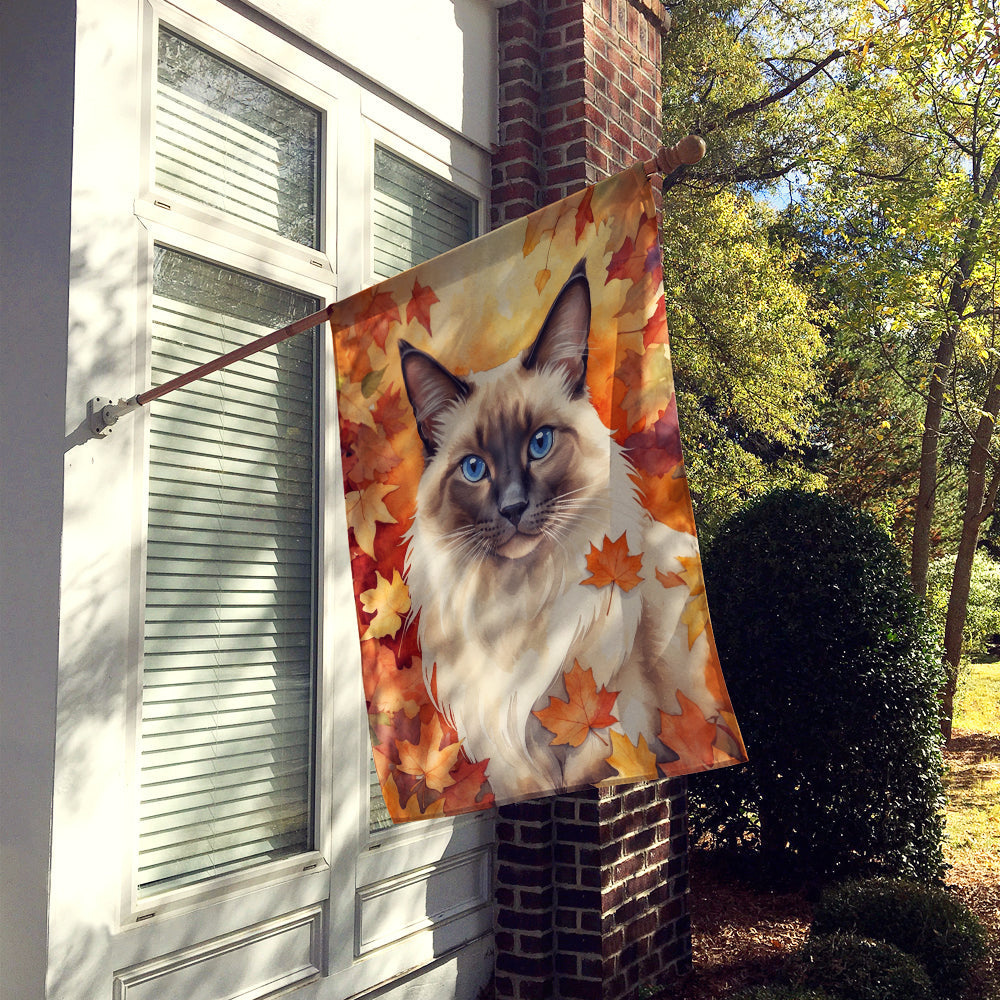 Balinese Cat in Fall Leaves House Flag 28x40 Porch Sleeve Pole Decorative Outside Yard Banner Artwork Wall Hanging, Polyester