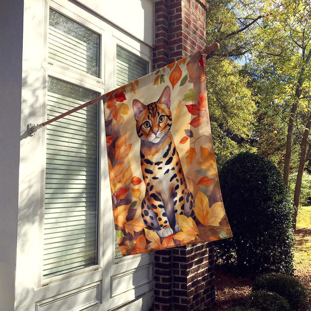 Bengal Cat in Fall Leaves House Flag 28x40 Porch Sleeve Pole Decorative Outside Yard Banner Artwork Wall Hanging, Polyester
