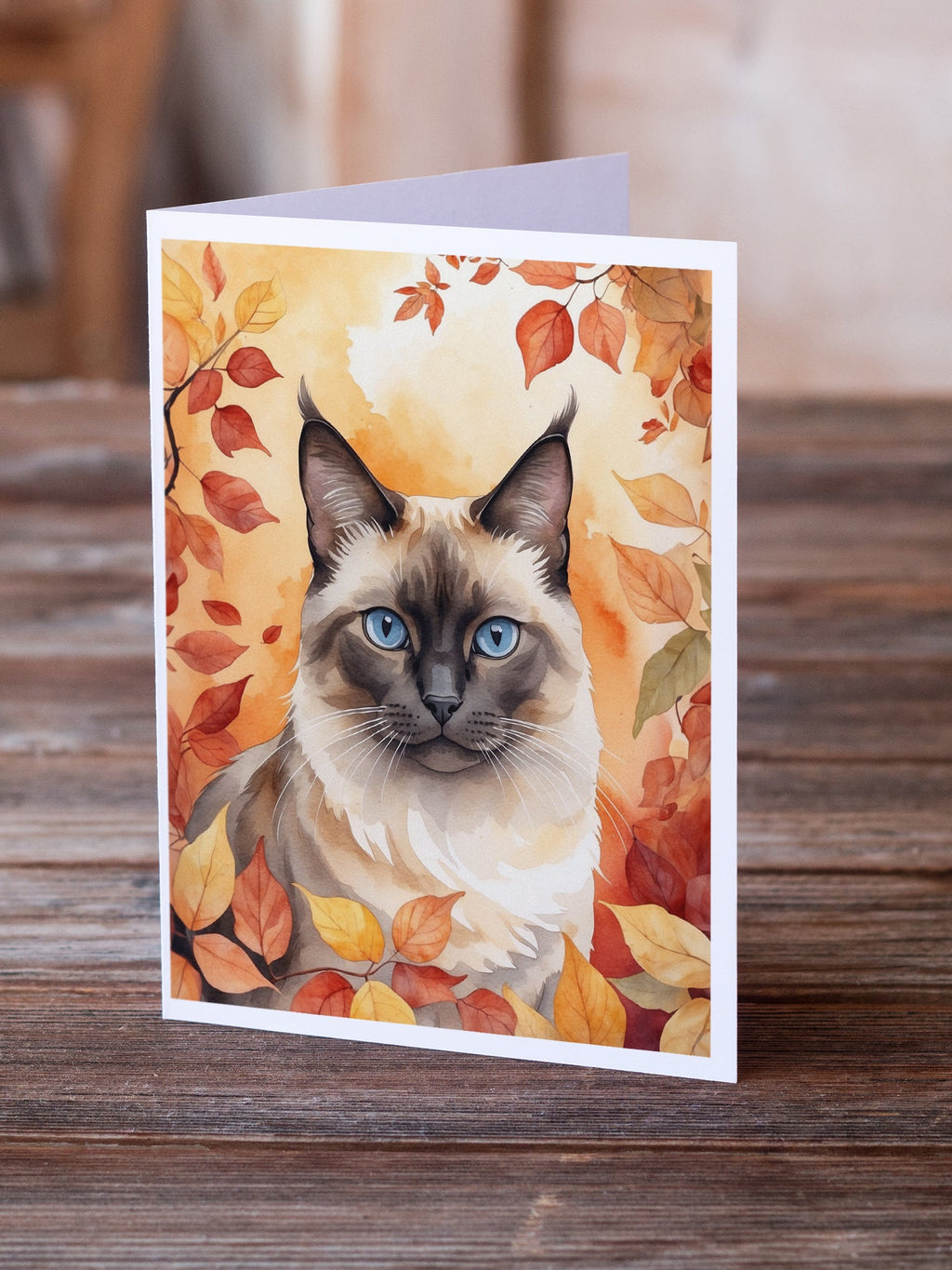 Birman Cat in Fall Leaves Greeting Cards Pack of 8 Blank Cards with Envelopes Whimsical A7 Size 5x7