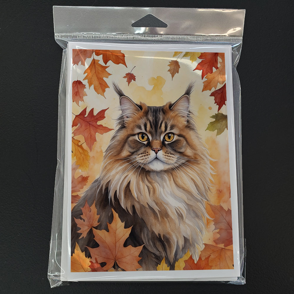 British Longhair Cat in Fall Leaves Greeting Cards Pack of 8 Blank Cards with Envelopes Whimsical A7 Size 5x7