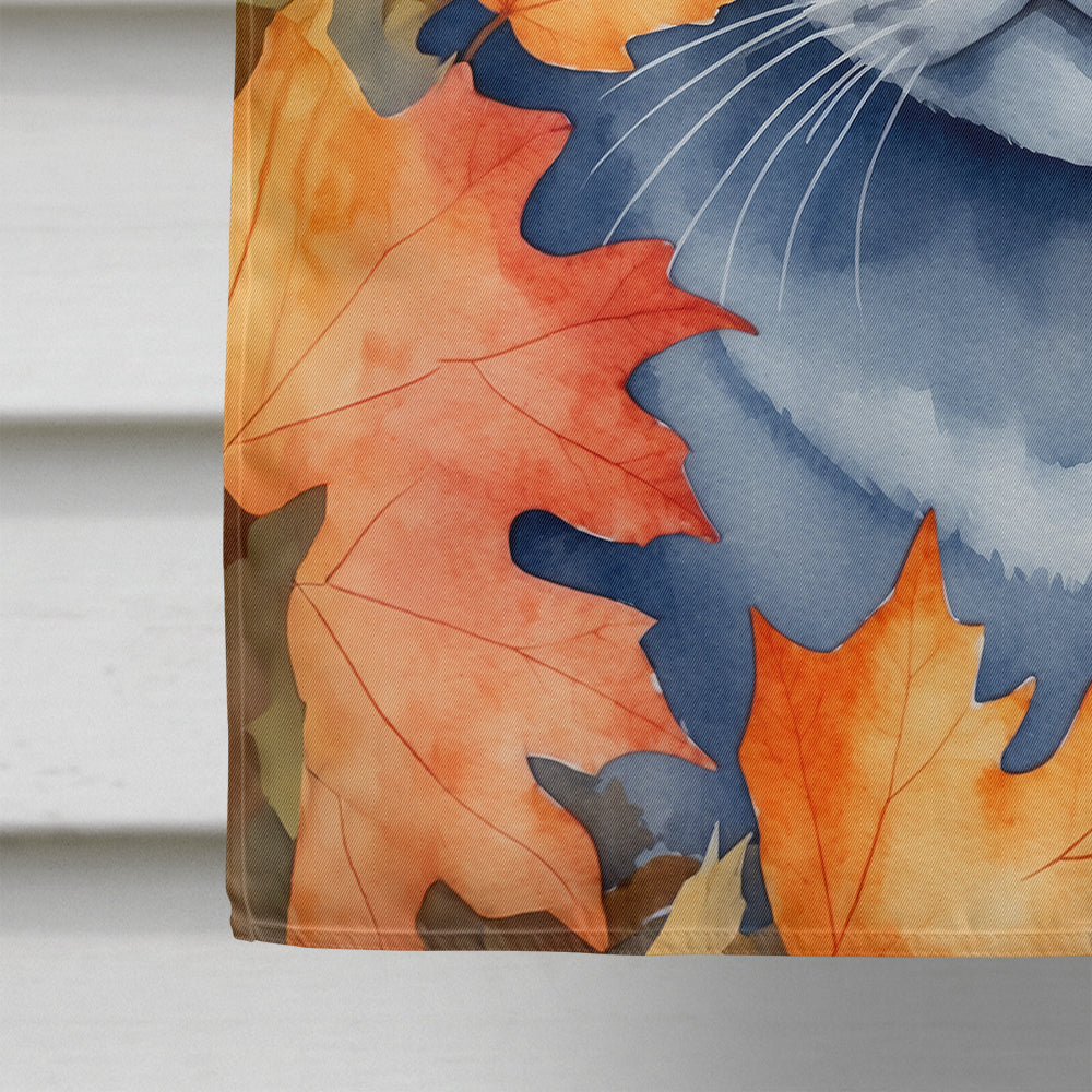 British Shorthair Cat in Fall Leaves House Flag 28x40 Porch Sleeve Pole Decorative Outside Yard Banner Artwork Wall Hanging, Polyester