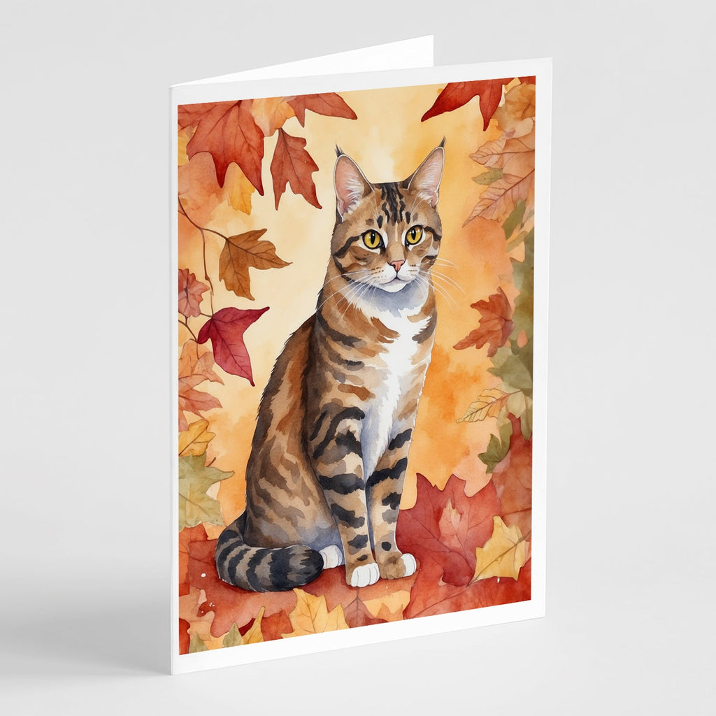 California Spangled Cat in Fall Leaves Greeting Cards Pack of 8 Blank Cards with Envelopes Whimsical A7 Size 5x7