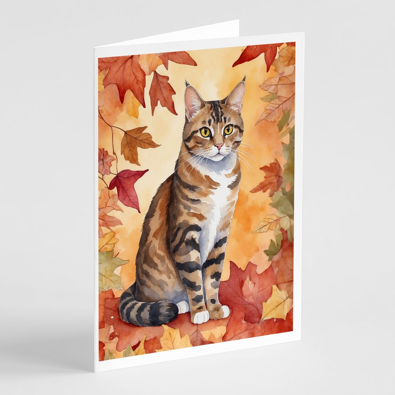 California Spangled Cat in Fall Leaves Greeting Cards Pack of 8 Blank Cards with Envelopes Whimsical A7 Size 5x7