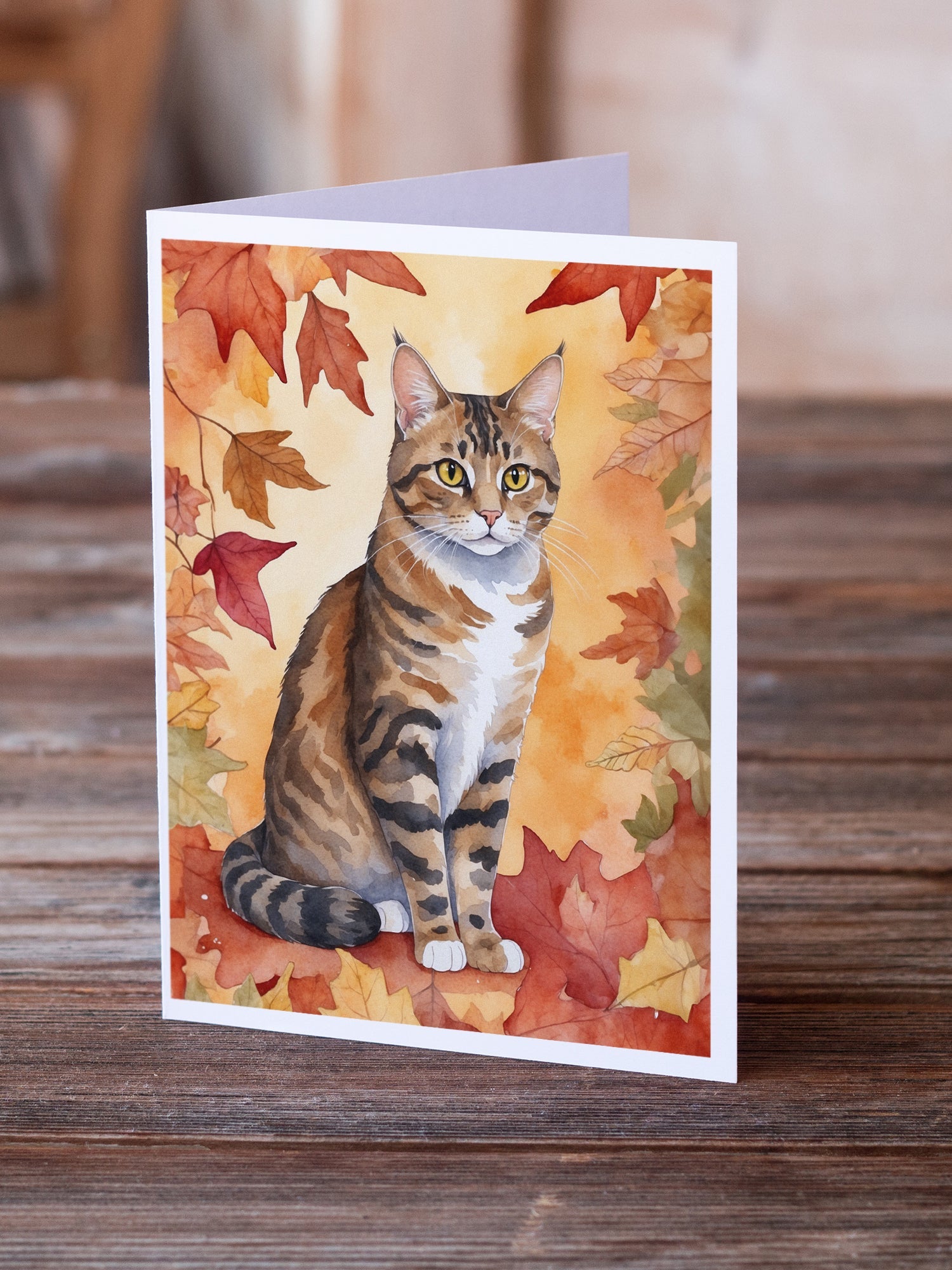 California Spangled Cat in Fall Leaves Greeting Cards Pack of 8 Blank Cards with Envelopes Whimsical A7 Size 5x7