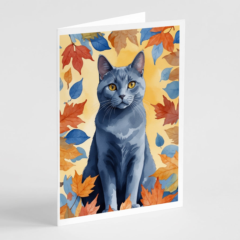 Chartreux Cat in Fall Leaves Greeting Cards Pack of 8 Blank Cards with Envelopes Whimsical A7 Size 5x7