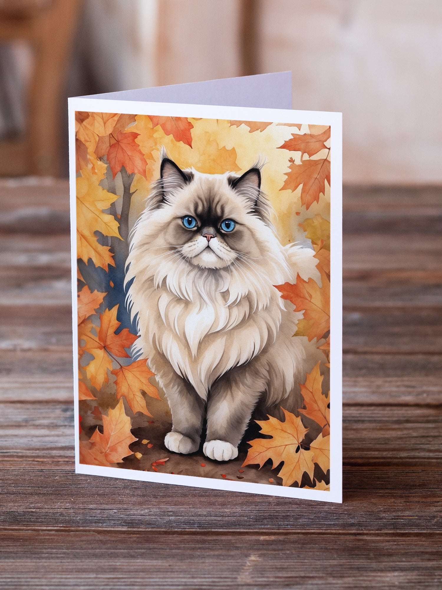 Colorpoint Longhair Cat in Fall Leaves Greeting Cards Pack of 8 Blank Cards with Envelopes Whimsical A7 Size 5x7
