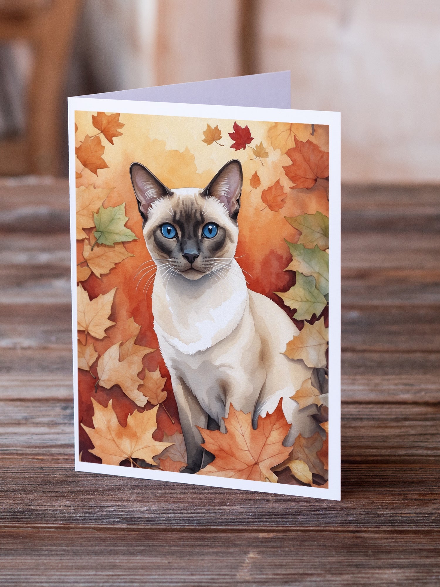 Colorpoint Shorthair Cat in Fall Leaves Greeting Cards Pack of 8 Blank Cards with Envelopes Whimsical A7 Size 5x7