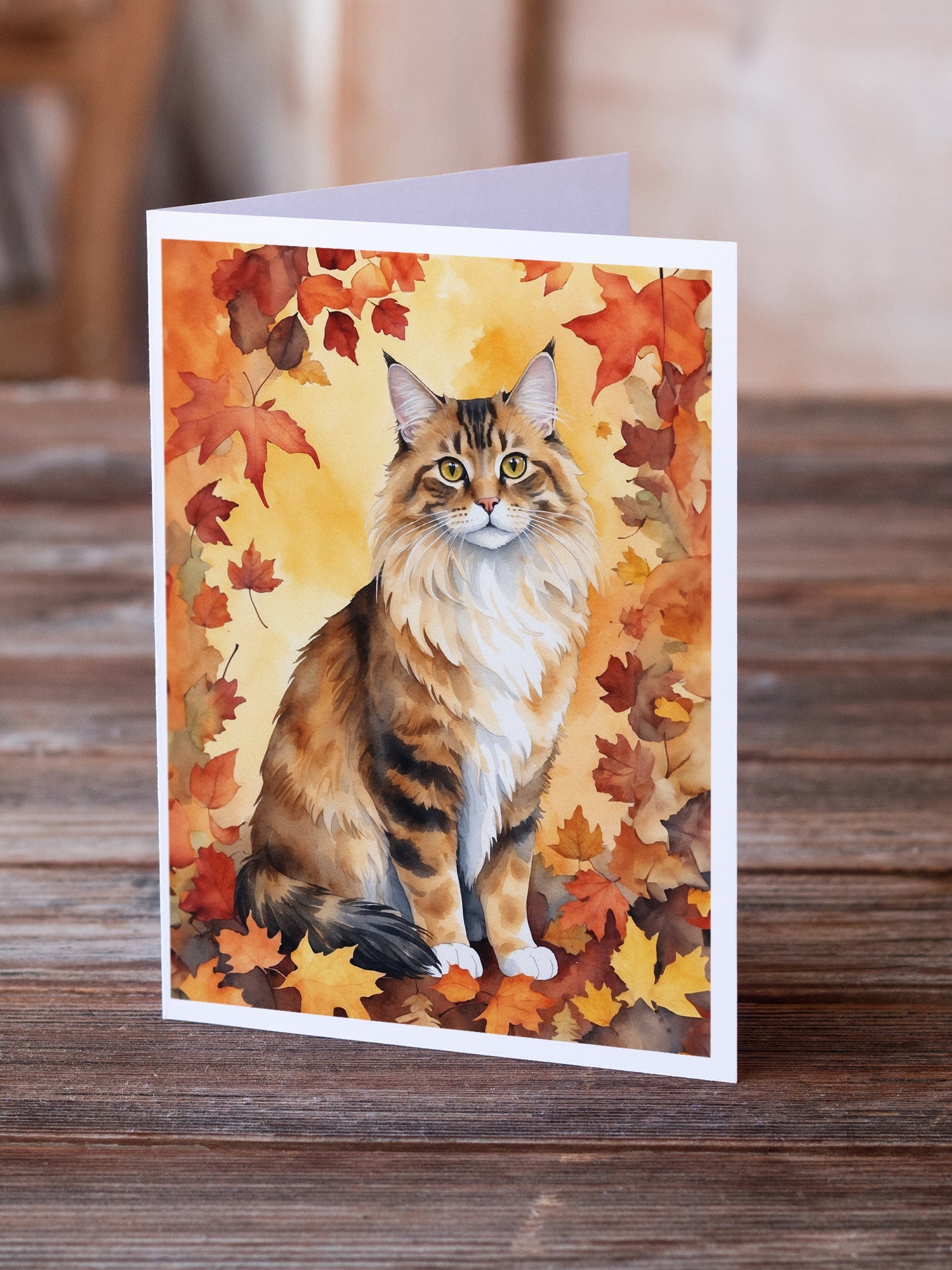Cymric Cat in Fall Leaves Greeting Cards Pack of 8 Blank Cards with Envelopes Whimsical A7 Size 5x7