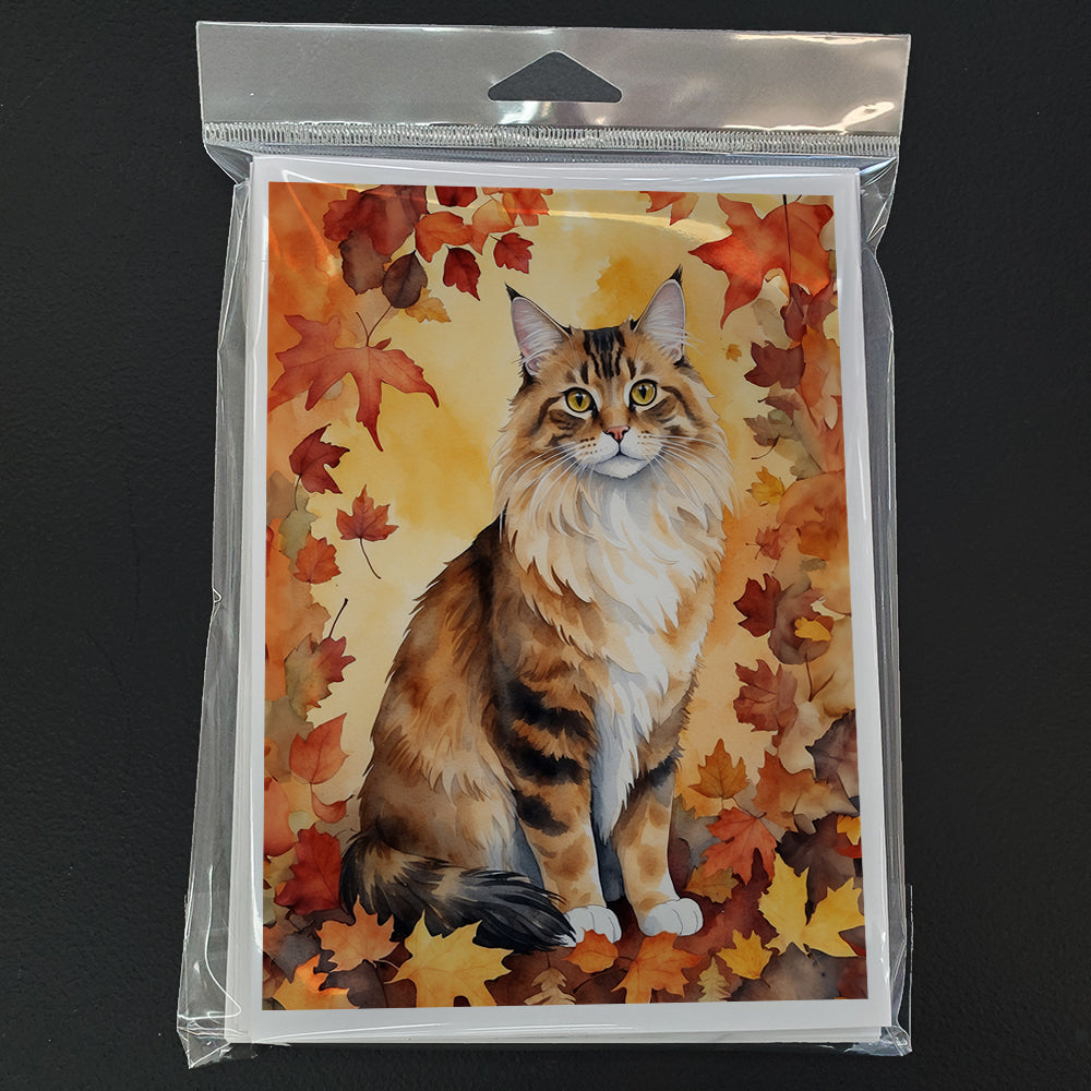 Cymric Cat in Fall Leaves Greeting Cards Pack of 8 Blank Cards with Envelopes Whimsical A7 Size 5x7