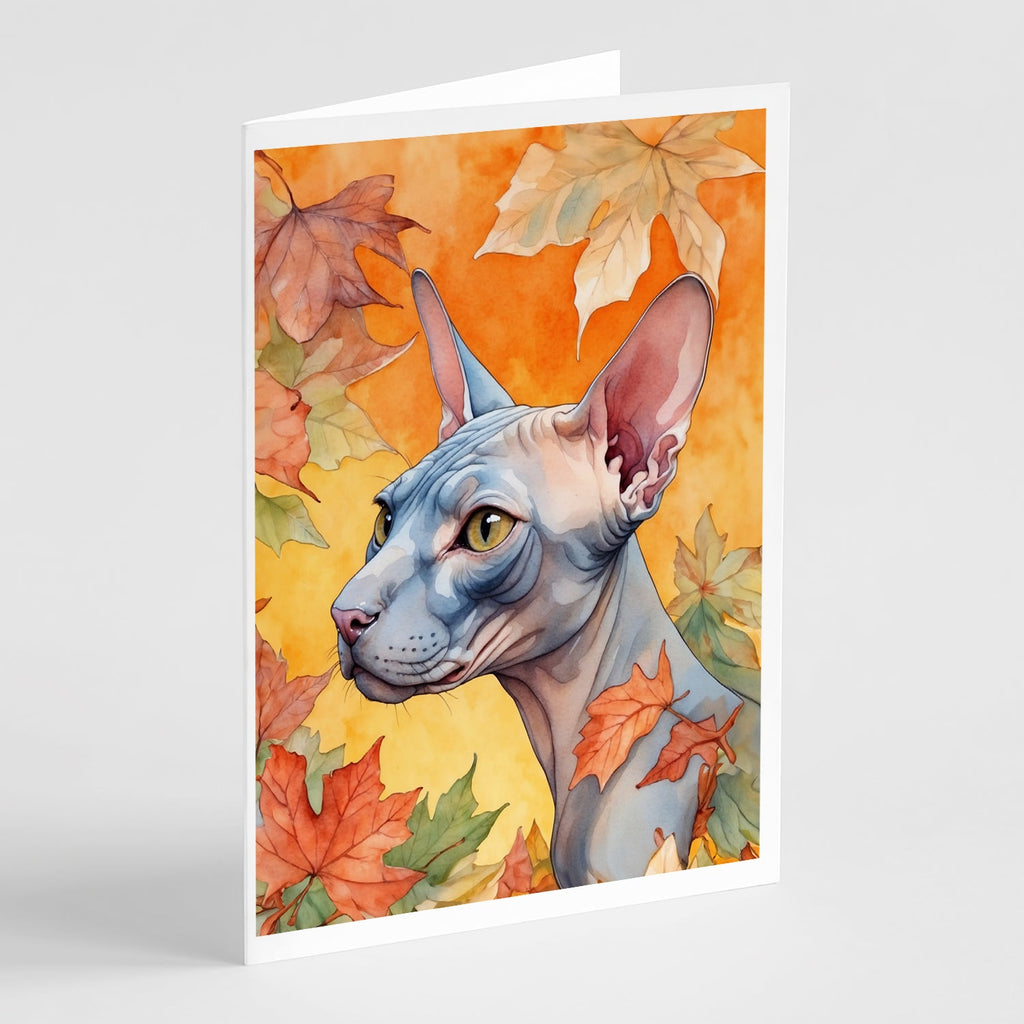Donskoy Don Sphynx Cat in Fall Leaves Greeting Cards Pack of 8 Blank Cards with Envelopes Whimsical A7 Size 5x7