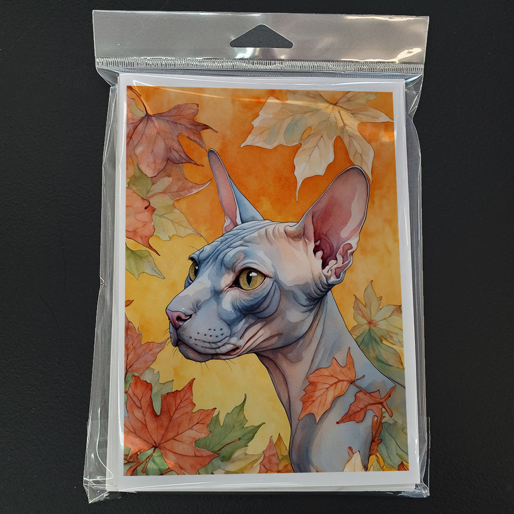Donskoy Don Sphynx Cat in Fall Leaves Greeting Cards Pack of 8 Blank Cards with Envelopes Whimsical A7 Size 5x7