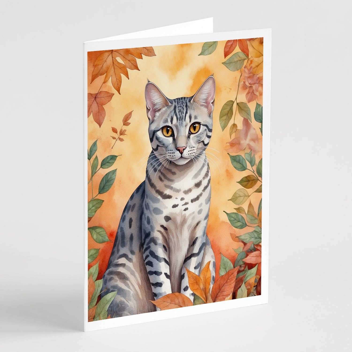 Egyptian Mau Cat in Fall Leaves Greeting Cards Pack of 8 Blank Cards with Envelopes Whimsical A7 Size 5x7