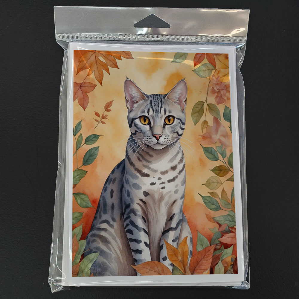 Egyptian Mau Cat in Fall Leaves Greeting Cards Pack of 8 Blank Cards with Envelopes Whimsical A7 Size 5x7