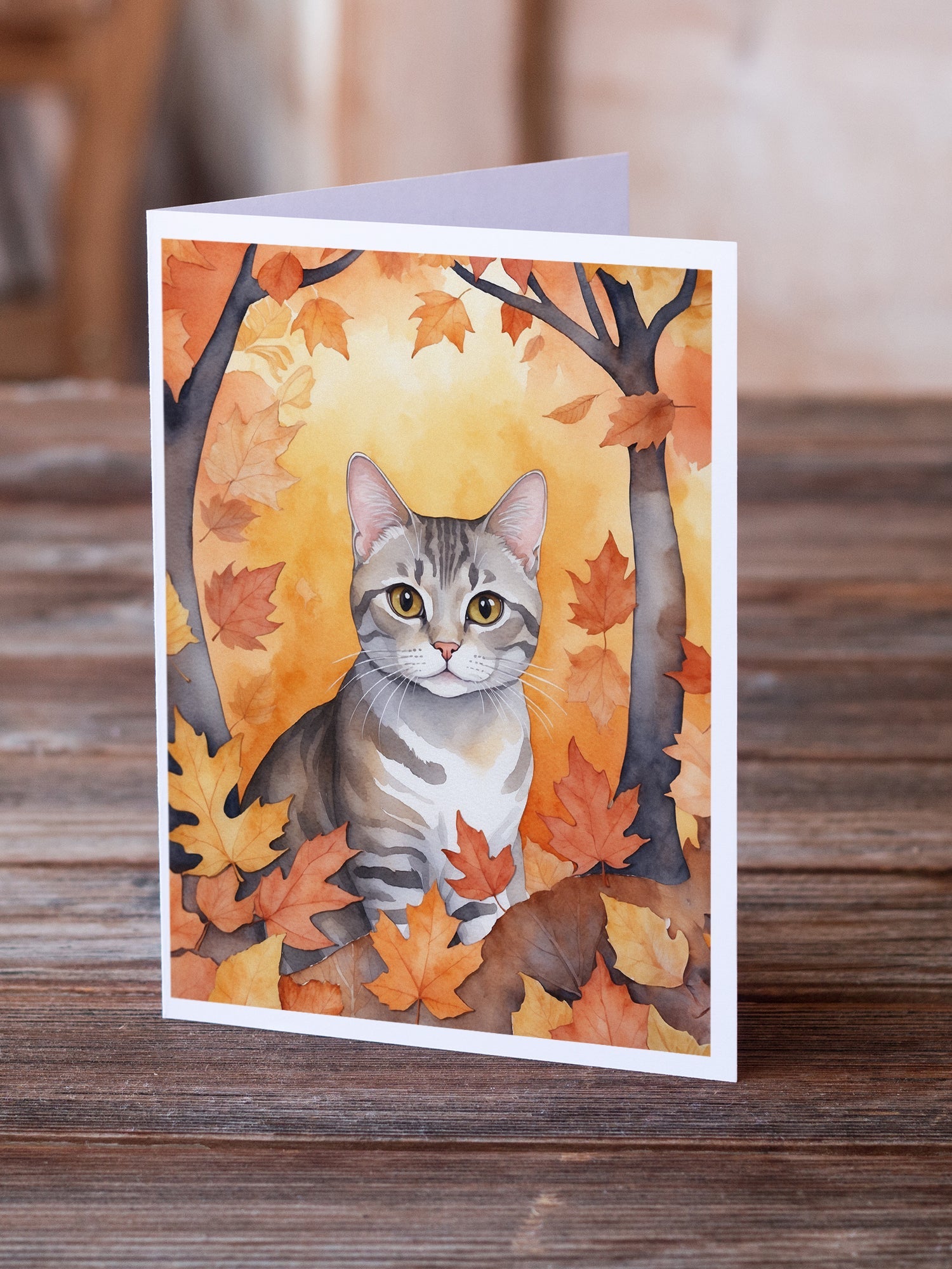 European Shorthair Cat in Fall Leaves Greeting Cards Pack of 8 Blank Cards with Envelopes Whimsical A7 Size 5x7