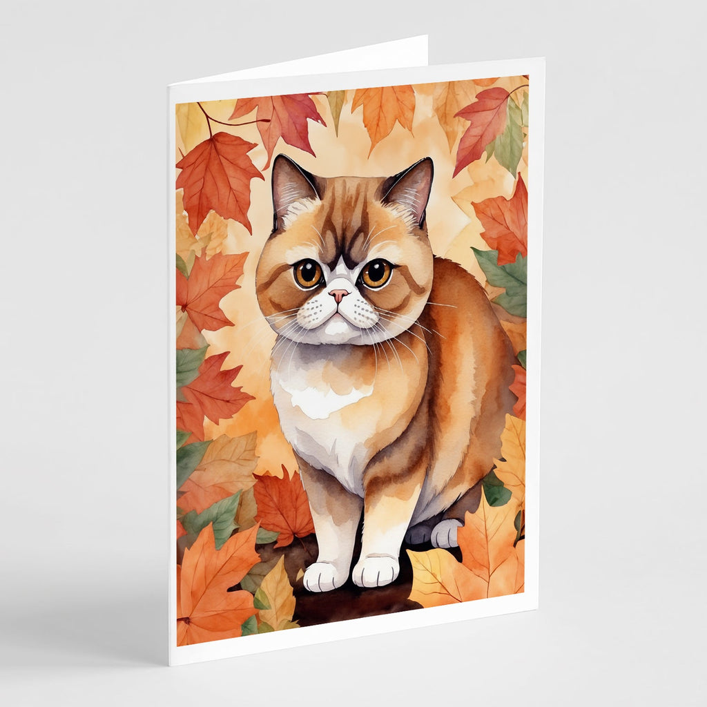 Exotic Shorthair Cat in Fall Leaves Greeting Cards Pack of 8 Blank Cards with Envelopes Whimsical A7 Size 5x7