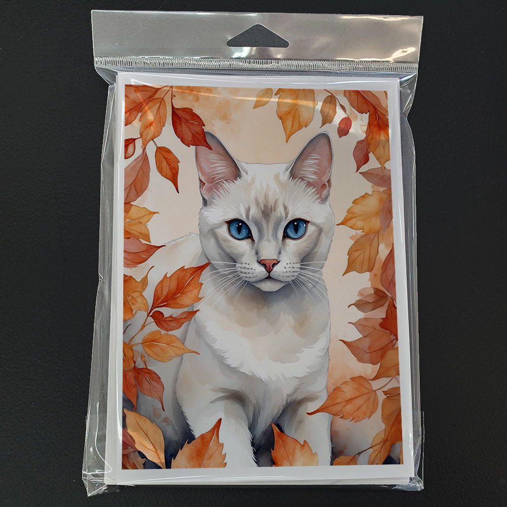 Foreign White Cat in Fall Leaves Greeting Cards Pack of 8 Blank Cards with Envelopes Whimsical A7 Size 5x7