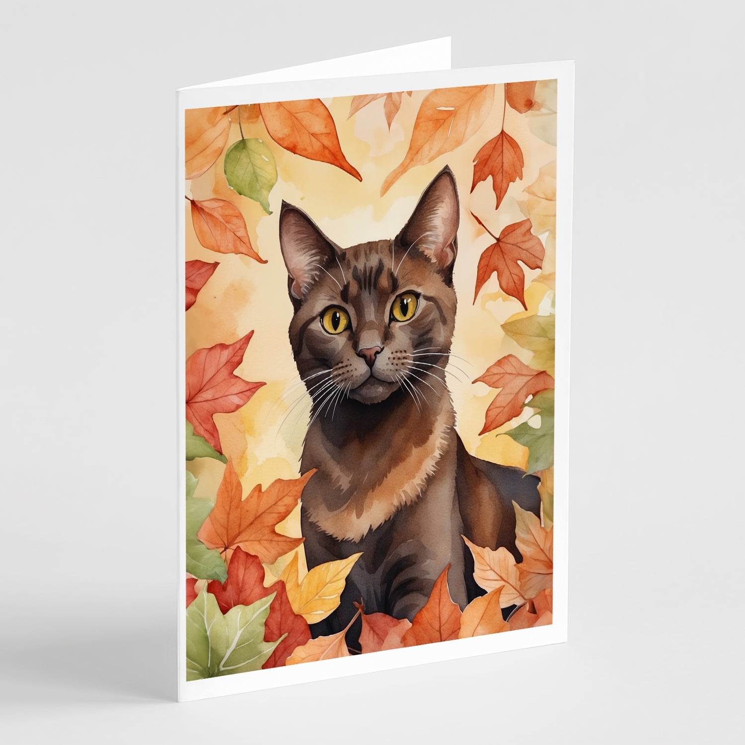 Havana Brown Cat in Fall Leaves Greeting Cards Pack of 8 Blank Cards with Envelopes Whimsical A7 Size 5x7