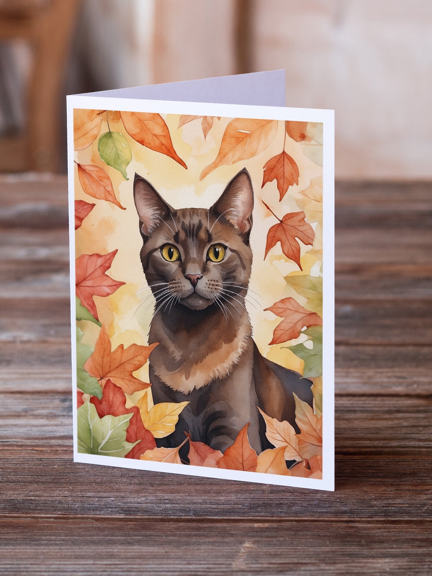 Havana Brown Cat in Fall Leaves Greeting Cards Pack of 8 Blank Cards with Envelopes Whimsical A7 Size 5x7